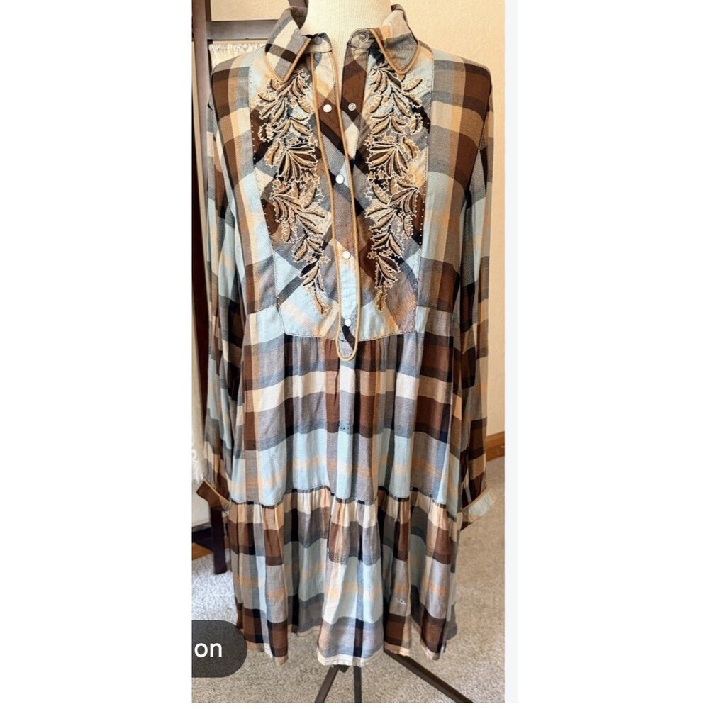 Double D Ranch Brown Dress Tunic Desert Plaid Embroidered Beaded XS Pearl Snap